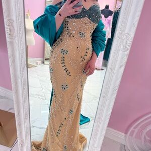 Elegant Teal and Gold Evening Gown